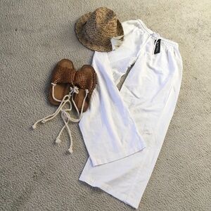 MOTEL/WHITE-LINEN WASIC WIDE TROUSERS/NWT